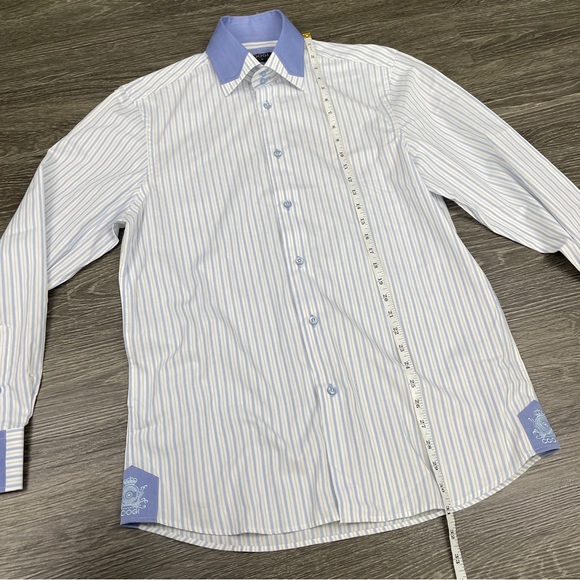 COOGIE LUXE Dress Shirt Mens M 15.5/16 White Blue Striped L/S Flip Cuff Logo - Picture 5 of 14